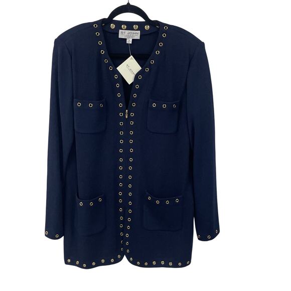 NWT St. John Collection Navy Santana Knit Gold Grommet Zip Up Jacket Womens 16